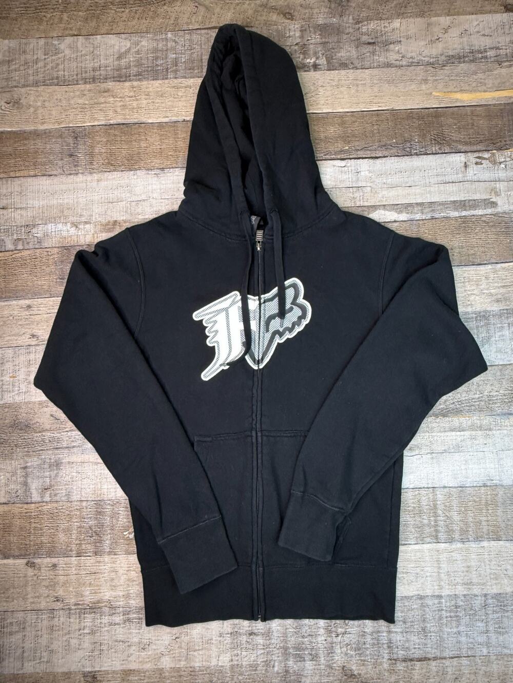 Vintage Y2K Fox Racing Hoodie Sweatshirt Mens S Black Graphic Print Grunge Zip